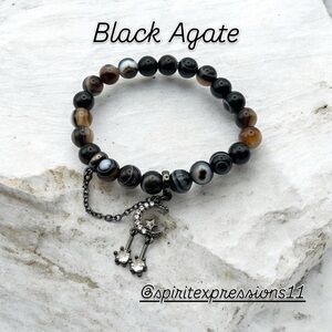 Black Agate Beaded Bracelet with Charm